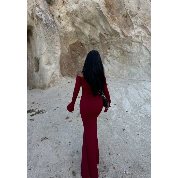 Bordo Tek Yırtmaçlı Madonna Elbise