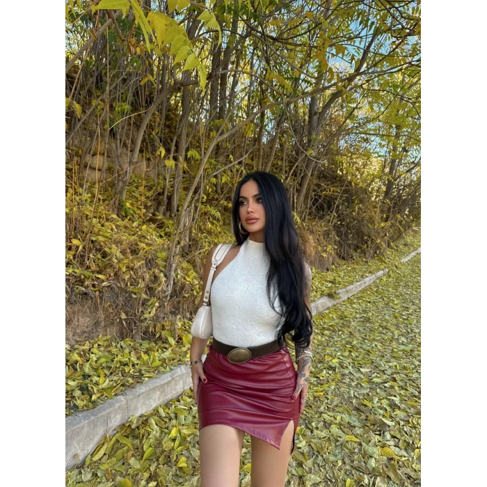 Bordo Tek Yırtmaçlı Suni Deri Etek