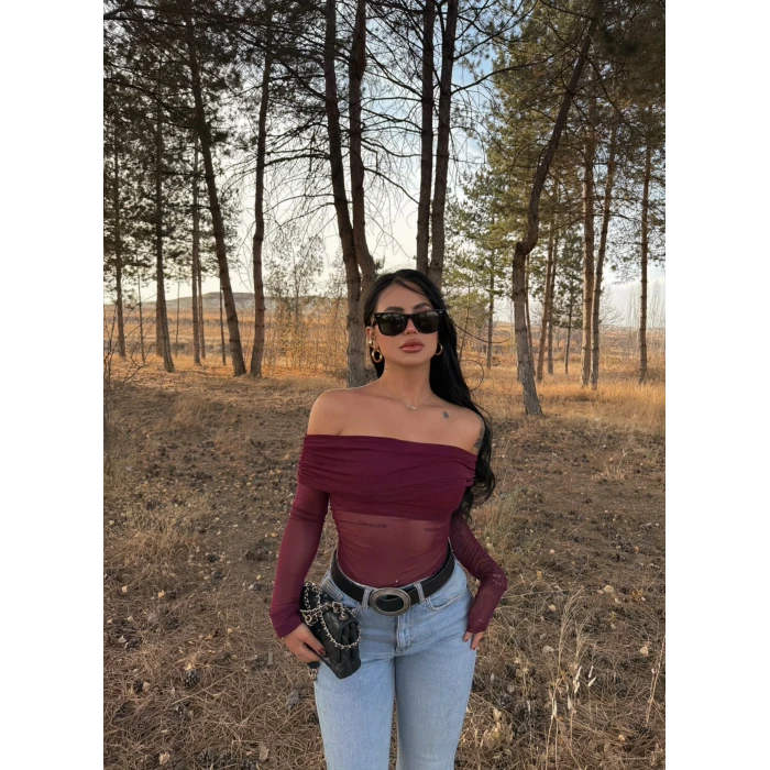 Bordo Tül Detaylı Madonna Bluz