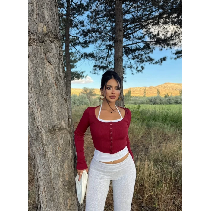 Bordo Twist Çıtçıtlı Crop Set