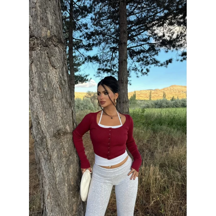 Bordo Twist Çıtçıtlı Crop Set