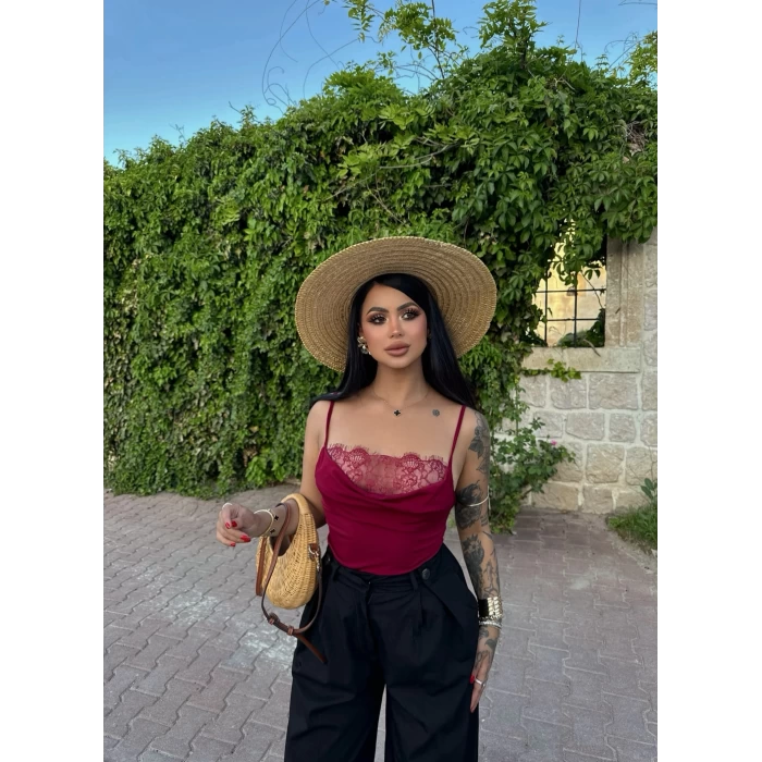Bordo Yaka Dantelli Degaje Bodysuit