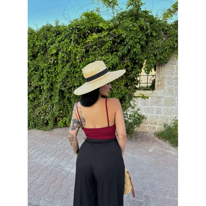 Bordo Yaka Dantelli Degaje Bodysuit