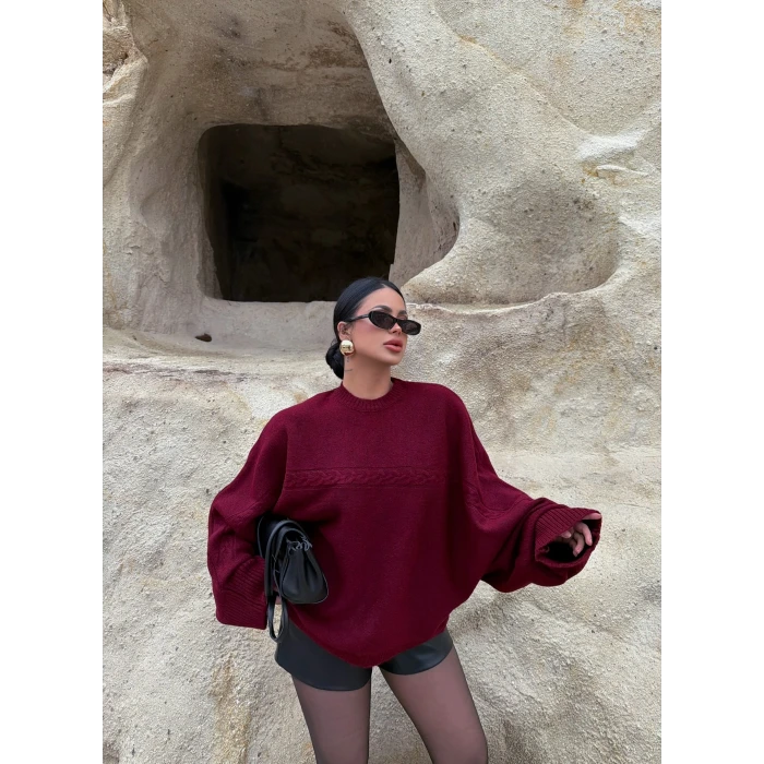 Bordo Yarasa Kol Örgü Detay Kazak