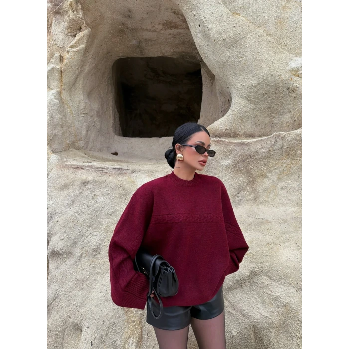 Bordo Yarasa Kol Örgü Detay Kazak