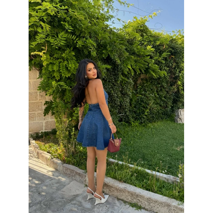 Boyundan Geçmeli Denim Elbise
