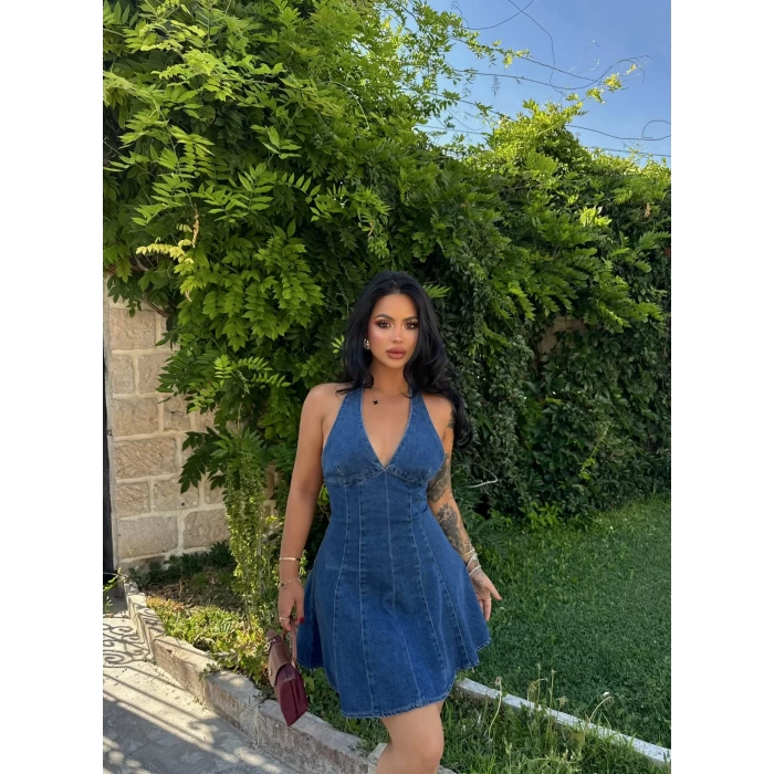 Boyundan Geçmeli Denim Elbise
