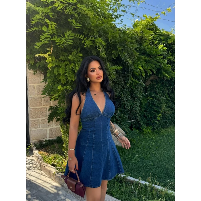 Boyundan Geçmeli Denim Elbise