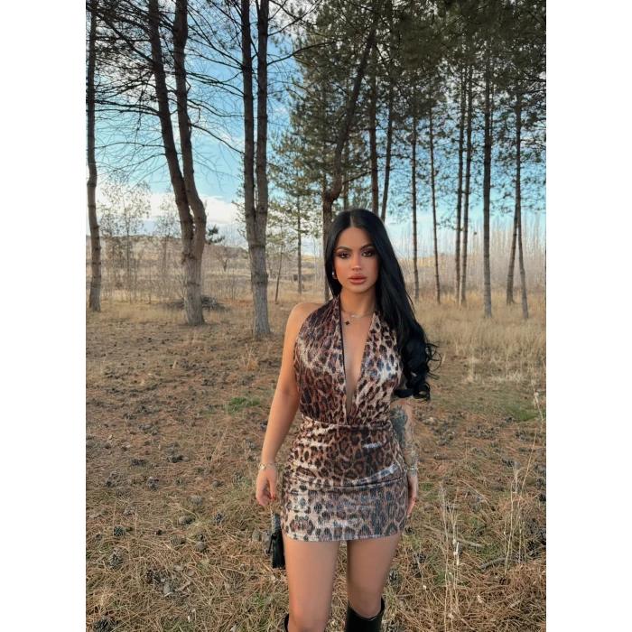 Boyundan Geçmeli Leopar Elbise