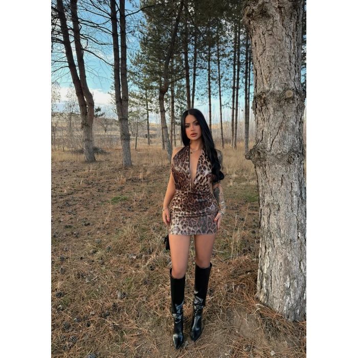 Boyundan Geçmeli Leopar Elbise