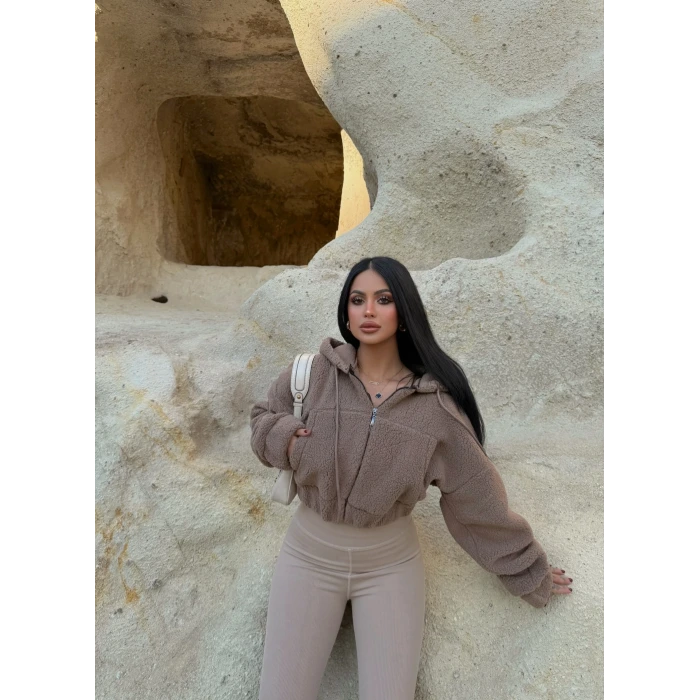 Camel Kanguru Cep Peluş Ceket