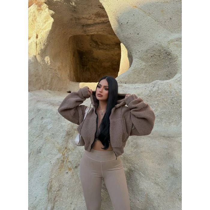 Camel Kanguru Cep Peluş Ceket