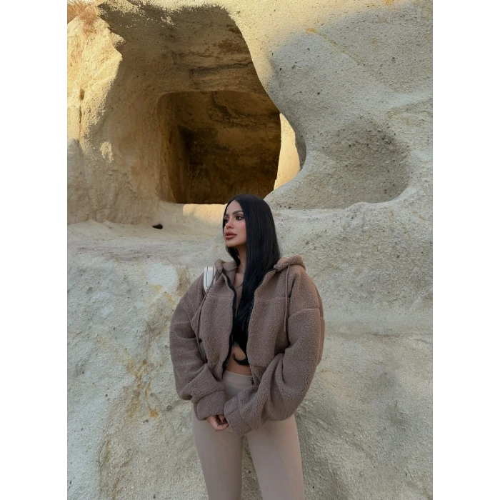 Camel Kanguru Cep Peluş Ceket
