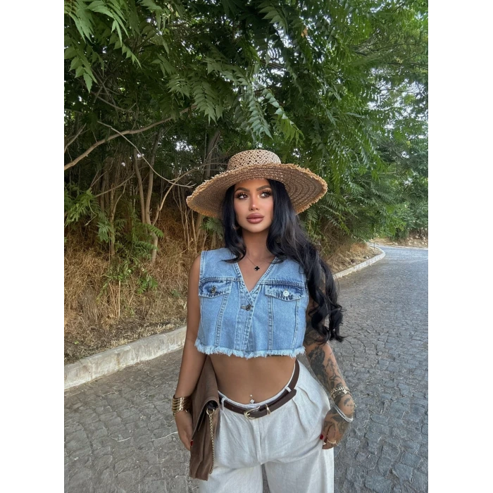 Çift Cepli Denim Yelek