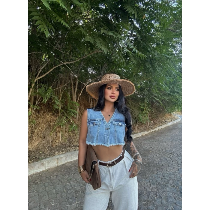Çift Cepli Denim Yelek