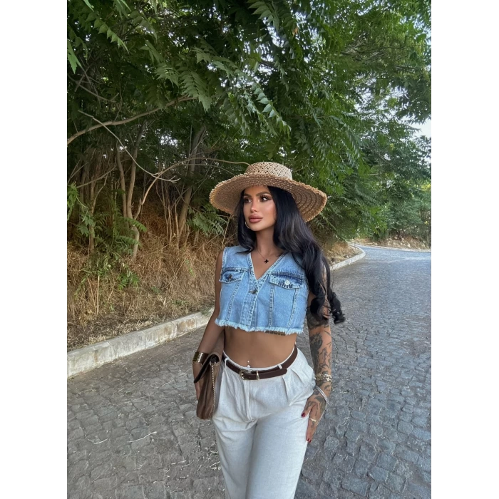 Çift Cepli Denim Yelek