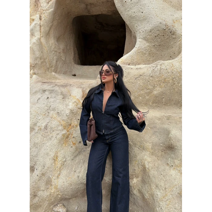 Çift Fermuarlı Denim Takım