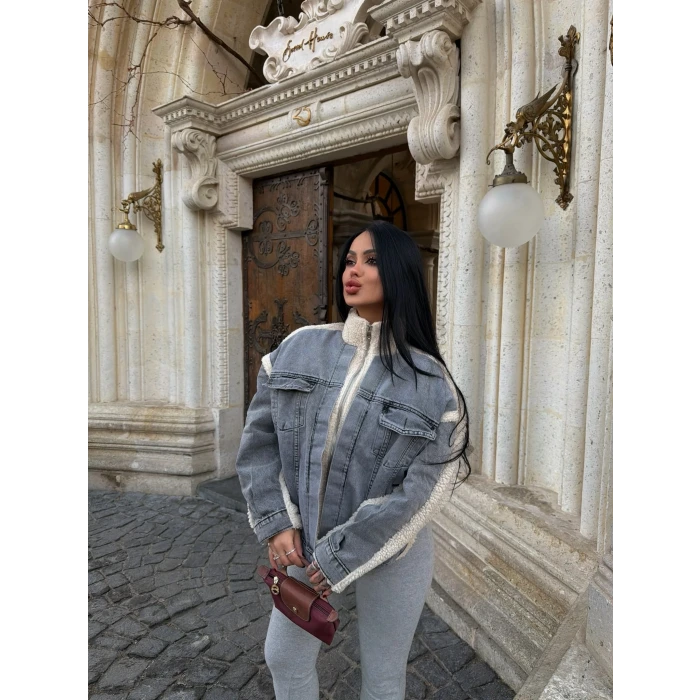 Denim Detay Peluş Mont