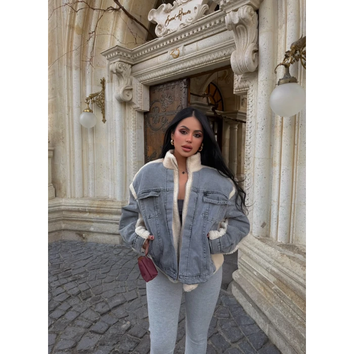 Denim Detay Peluş Mont