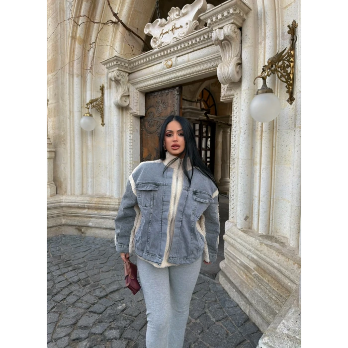 Denim Detay Peluş Mont