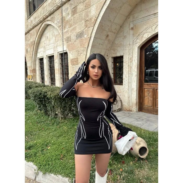 Desenli Straplez Mini Elbise