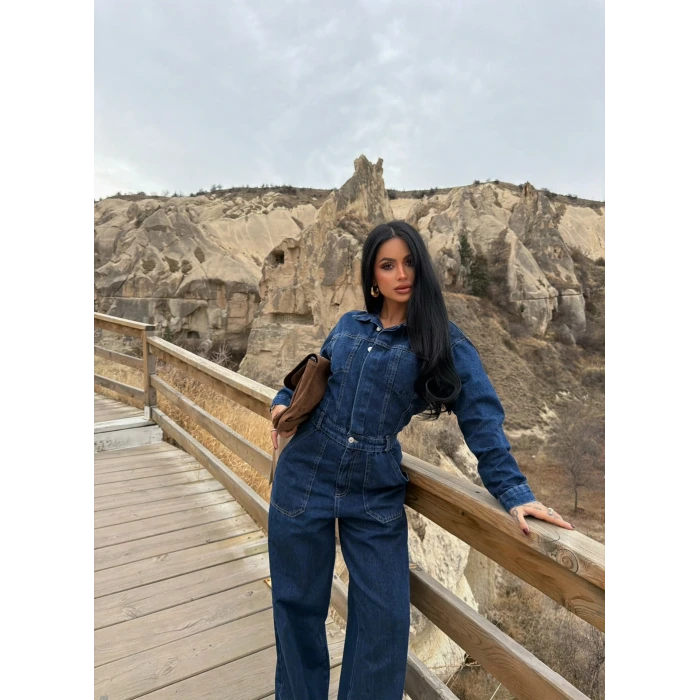 Düğmeli Çift Cep Denim Tulum