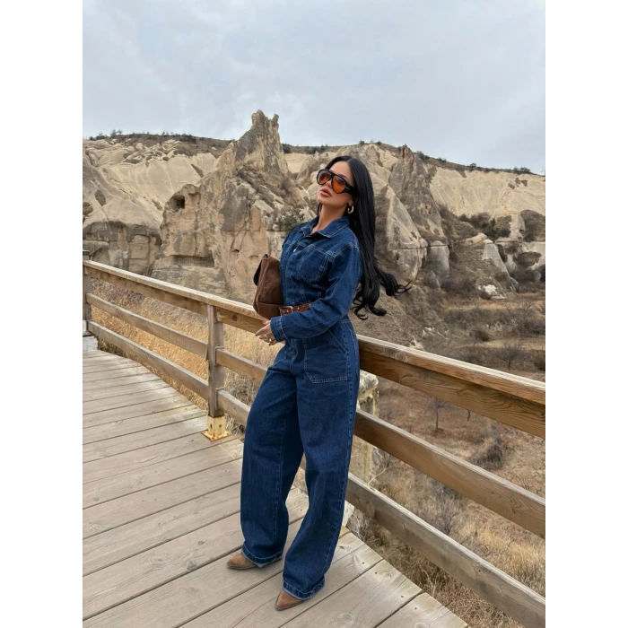 Düğmeli Çift Cep Denim Tulum