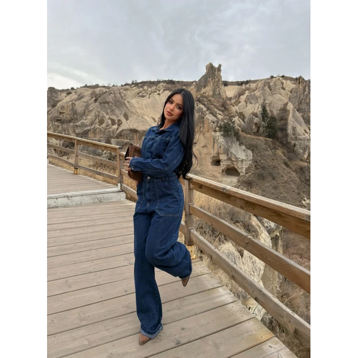 Düğmeli Çift Cep Denim Tulum