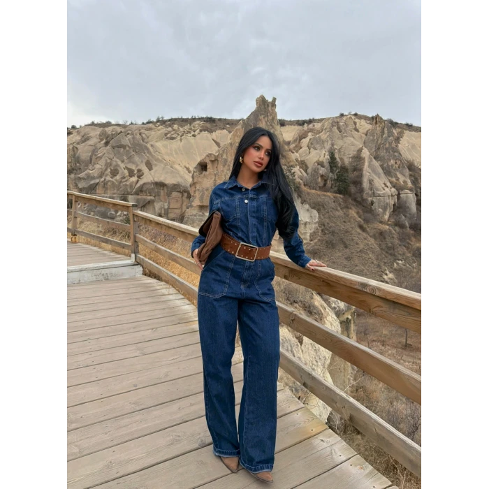 Düğmeli Çift Cep Denim Tulum