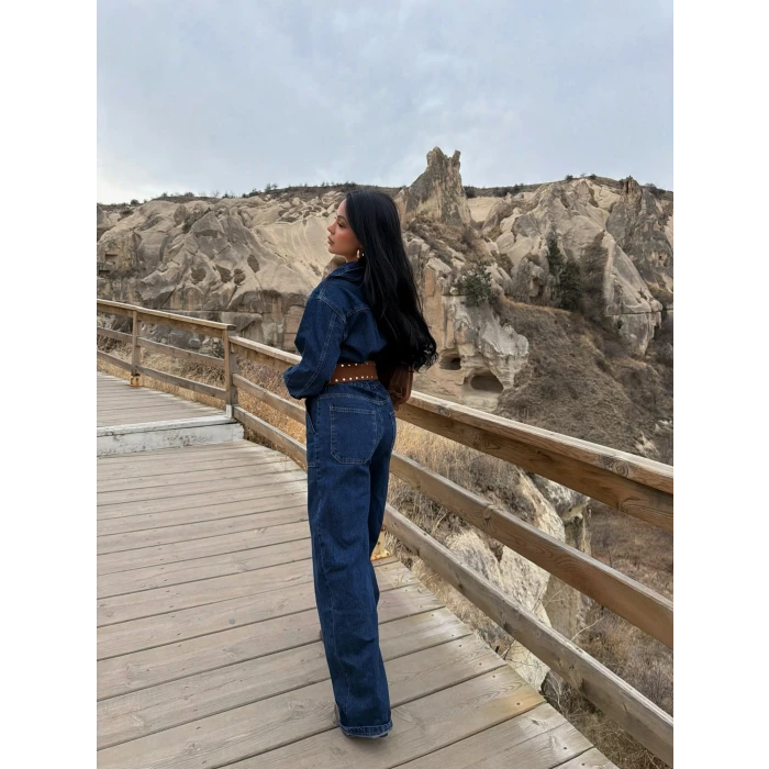 Düğmeli Çift Cep Denim Tulum