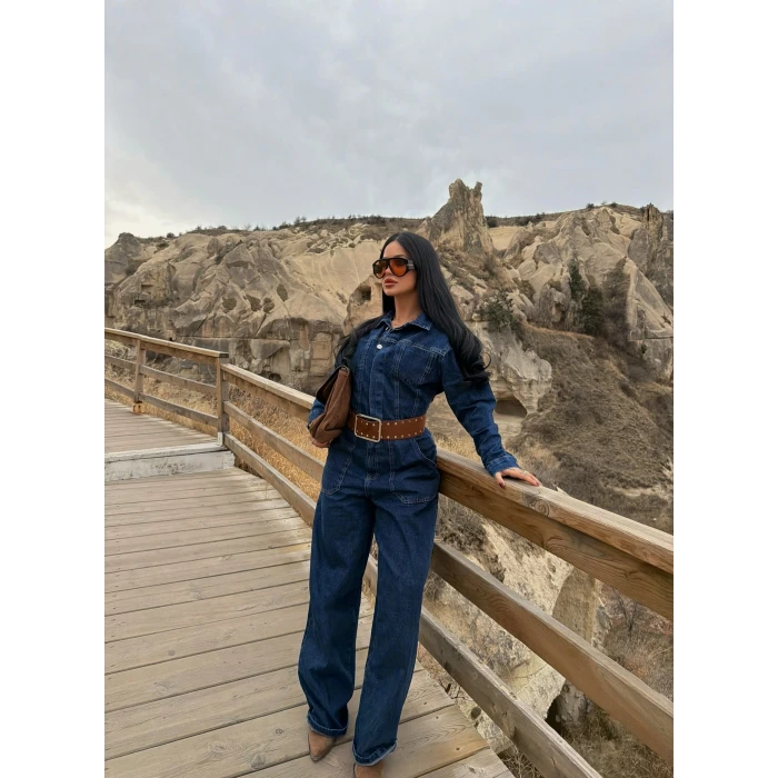 Düğmeli Çift Cep Denim Tulum