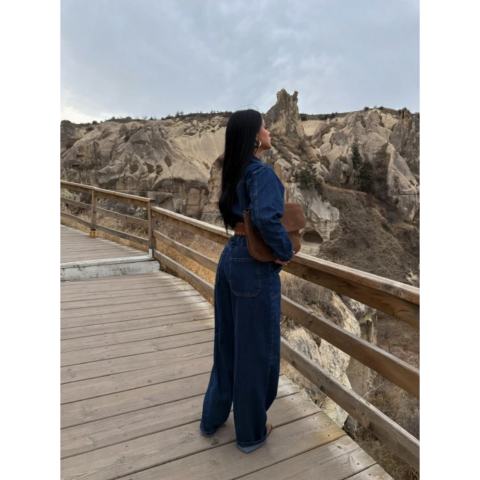 Düğmeli Çift Cep Denim Tulum