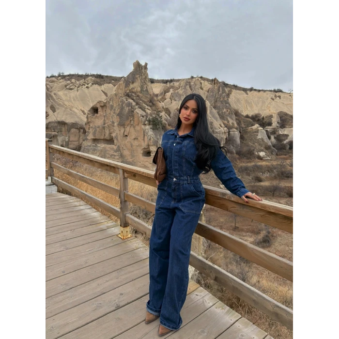 Düğmeli Çift Cep Denim Tulum