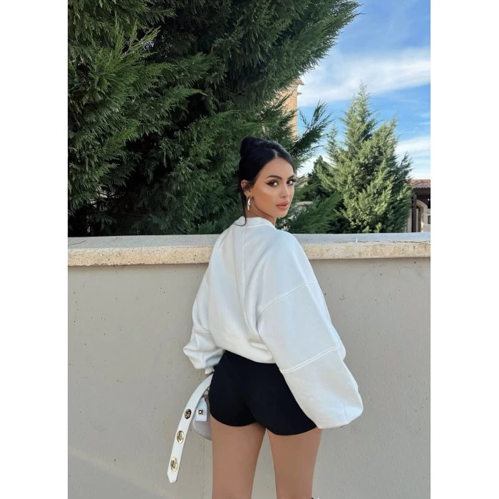 Ekru Balon Kollu Üç İplik Sweat