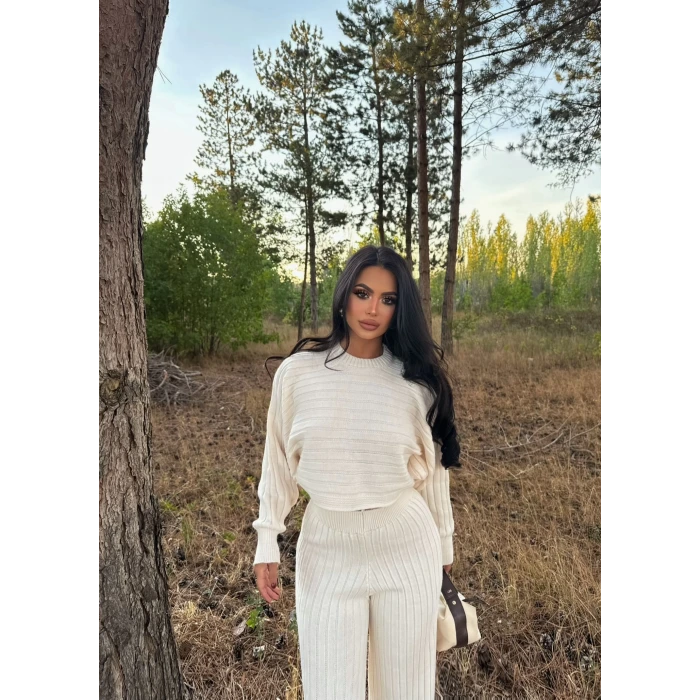 Ekru Fitilli Triko Yarasa İkili Takım