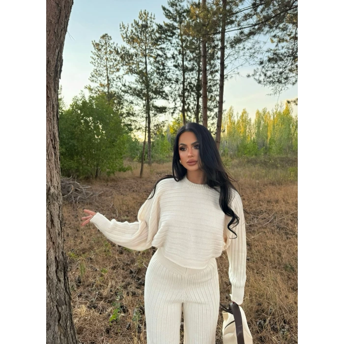Ekru Fitilli Triko Yarasa İkili Takım