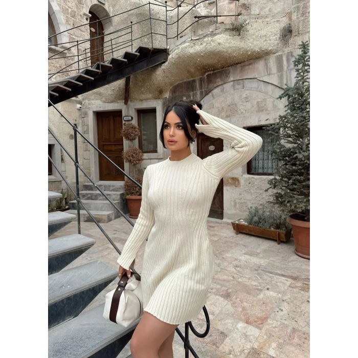 Ekru Ribbed Triko Elbise