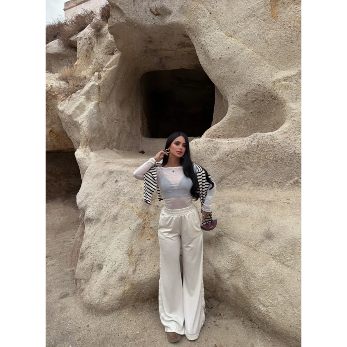 Ekru Yanı Çıtçıtlı Palazzo Pantolon