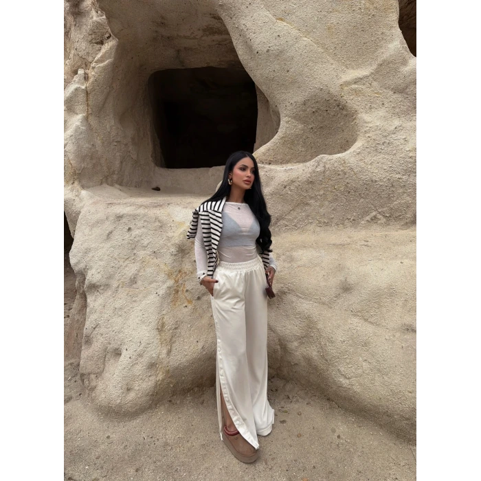 Ekru Yanı Çıtçıtlı Palazzo Pantolon