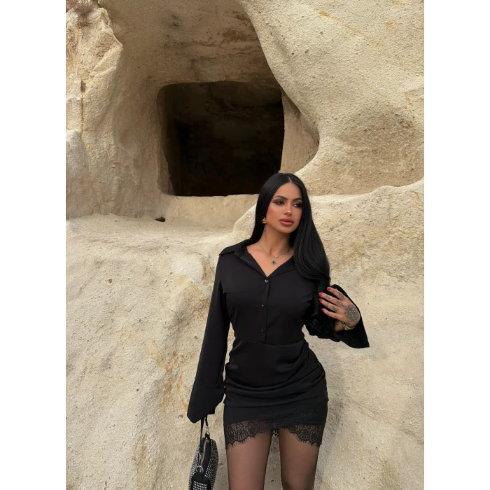 Eteği Güpürlü Gömlek Elbise