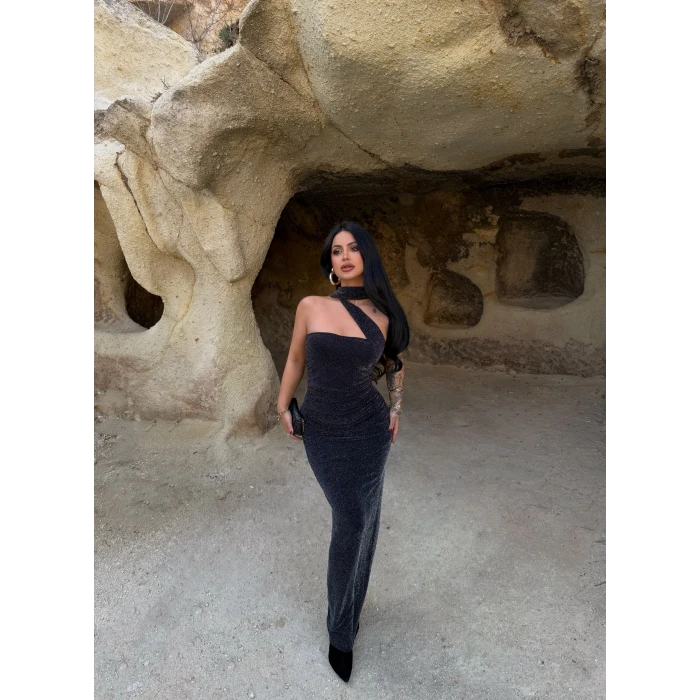 Fularlı Maxi Simli Elbise