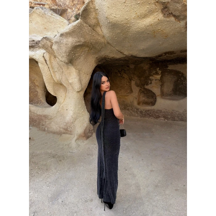 Fularlı Maxi Simli Elbise