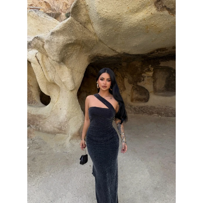 Fularlı Maxi Simli Elbise