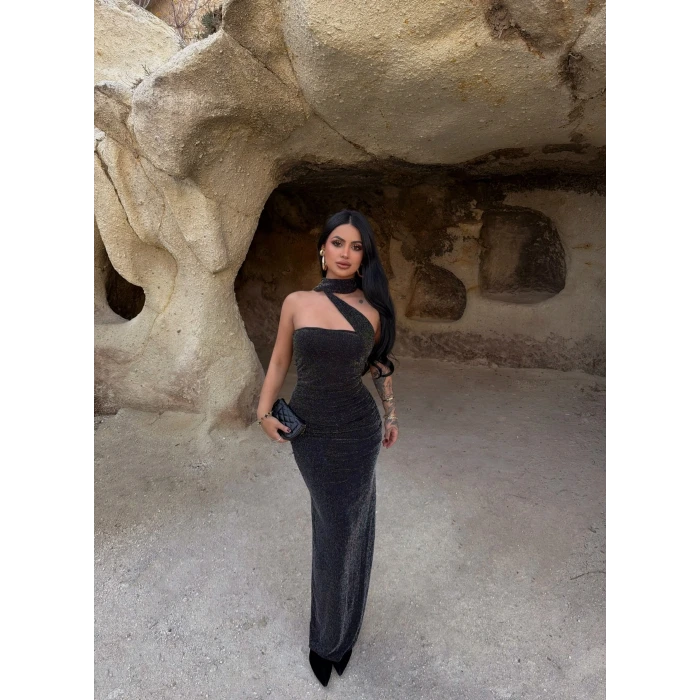 Fularlı Maxi Simli Elbise