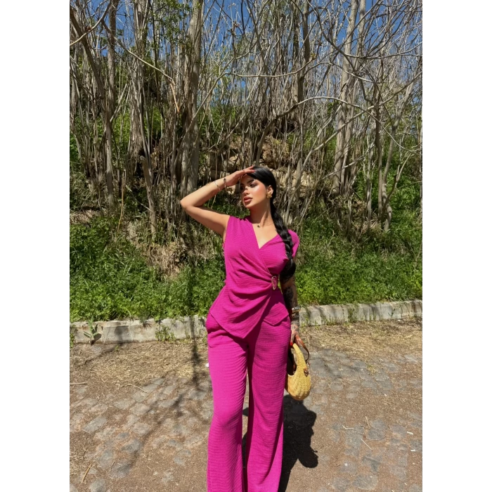 Fuşya Tokalı Kruvaze İkili Takım