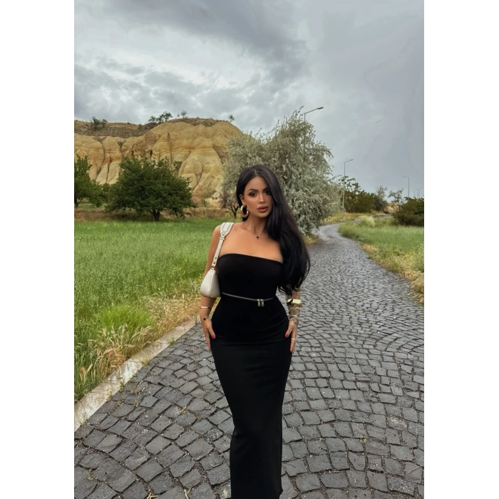 Göğüs Fermuarlı Straplez Elbise