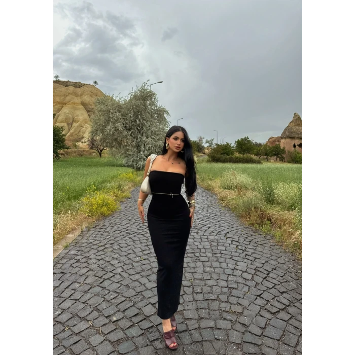 Göğüs Fermuarlı Straplez Elbise