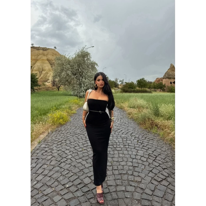 Göğüs Fermuarlı Straplez Elbise