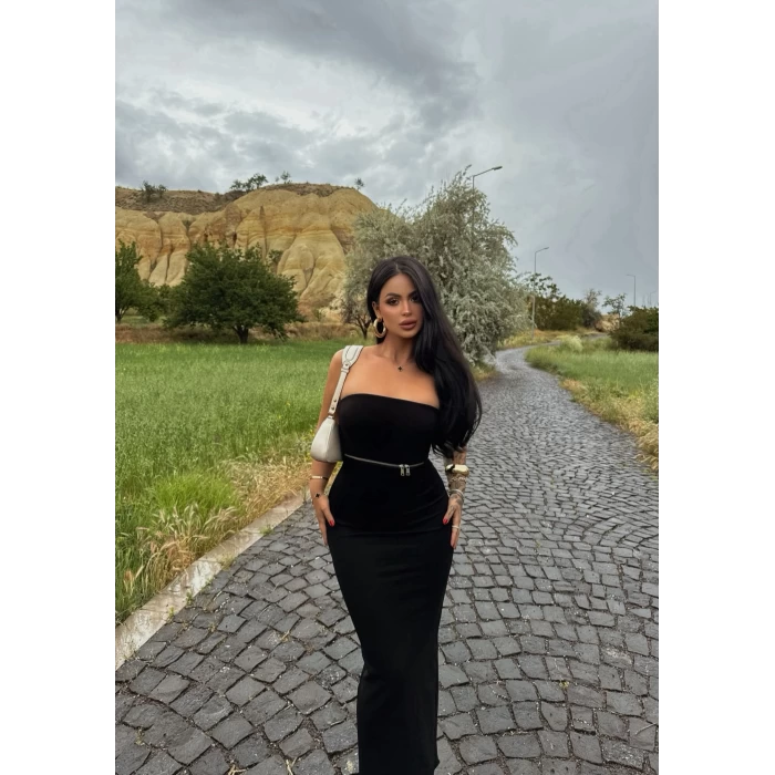 Göğüs Fermuarlı Straplez Elbise