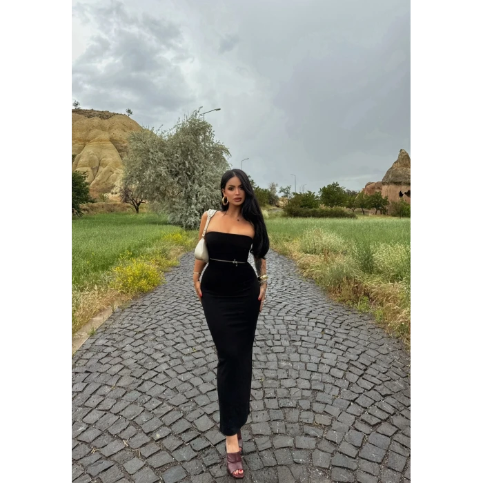 Göğüs Fermuarlı Straplez Elbise